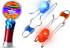 ArtCreativity Light Up Magic Ball Toy Wand for Kids - Flashing LED Wand for Boys and Girls Retro Light Up Gyro Wheels Set for Kids- Includes 2, 8.5 Inch Rail Twisters