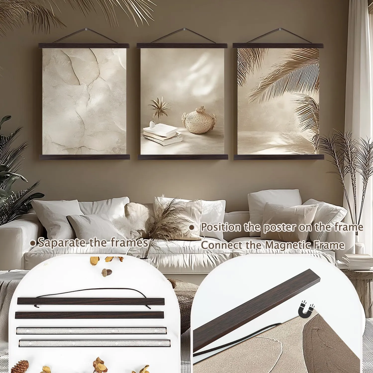 Artmag Magnetic Poster Hanger Frame, 20x28 20 x 30 20x26 Light Wood Wooden Magnet Canvas Artwork Print Poster Hangers Frames Hanging Kit (Walnut, 20")