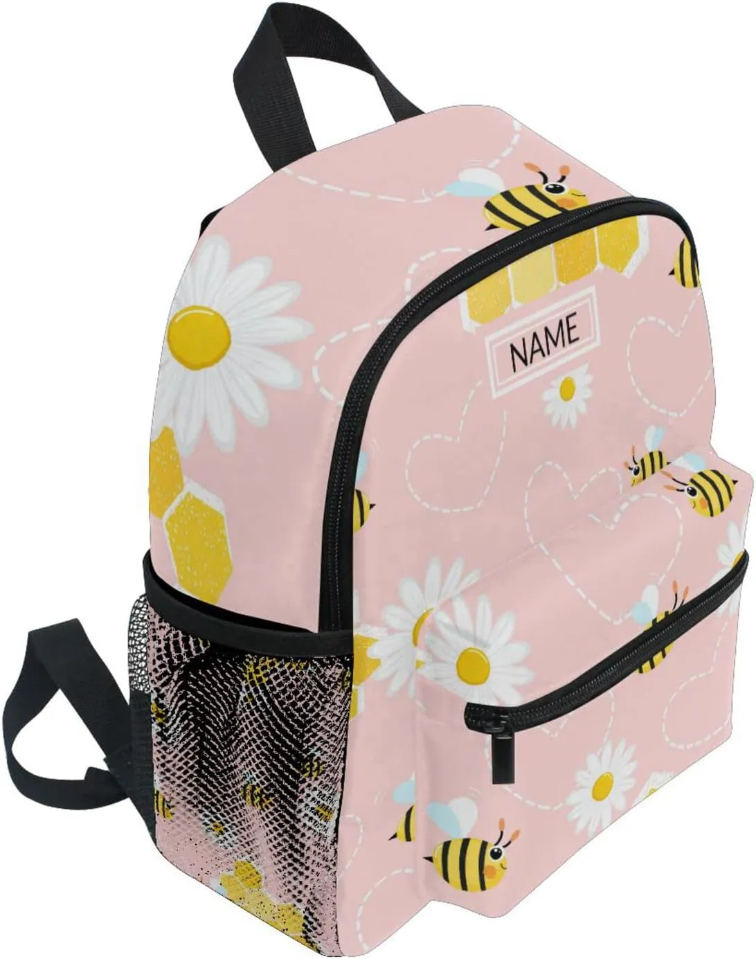 Aslsiy Custom Bee Daisy Toddler Backpack for Boys Girls Pink Personalized Kids Backpack School Backpack with Chest Strap Preschool Nursery Travel Bag