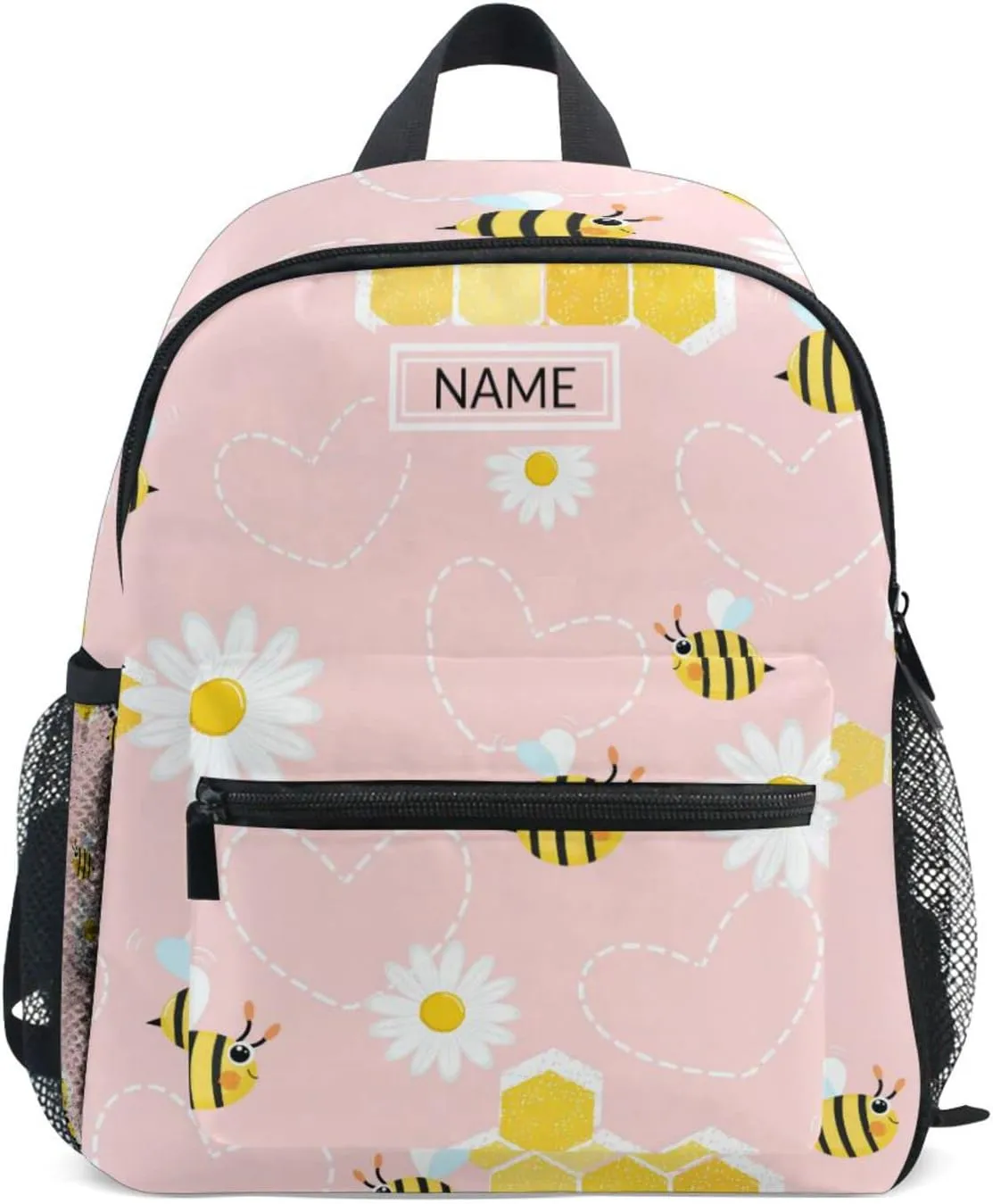 Aslsiy Custom Bee Daisy Toddler Backpack for Boys Girls Pink Personalized Kids Backpack School Backpack with Chest Strap Preschool Nursery Travel Bag