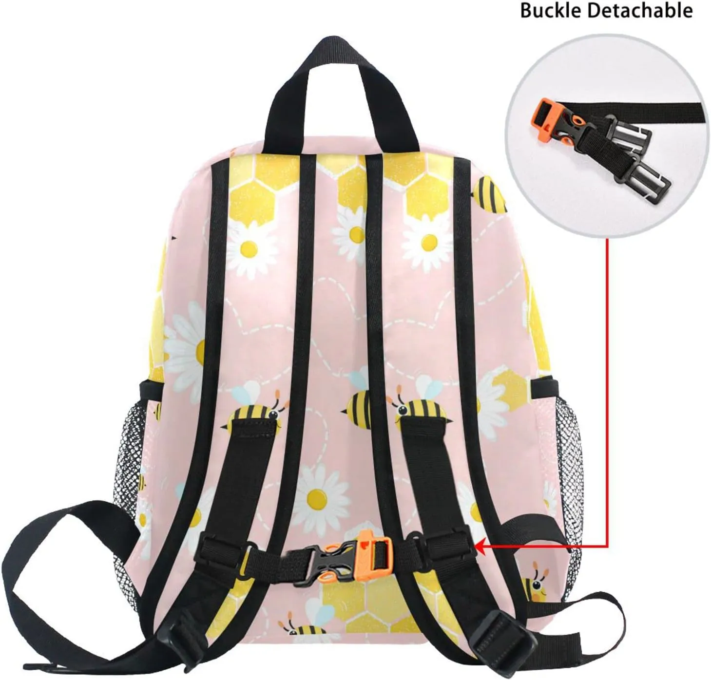 Aslsiy Custom Bee Daisy Toddler Backpack for Boys Girls Pink Personalized Kids Backpack School Backpack with Chest Strap Preschool Nursery Travel Bag