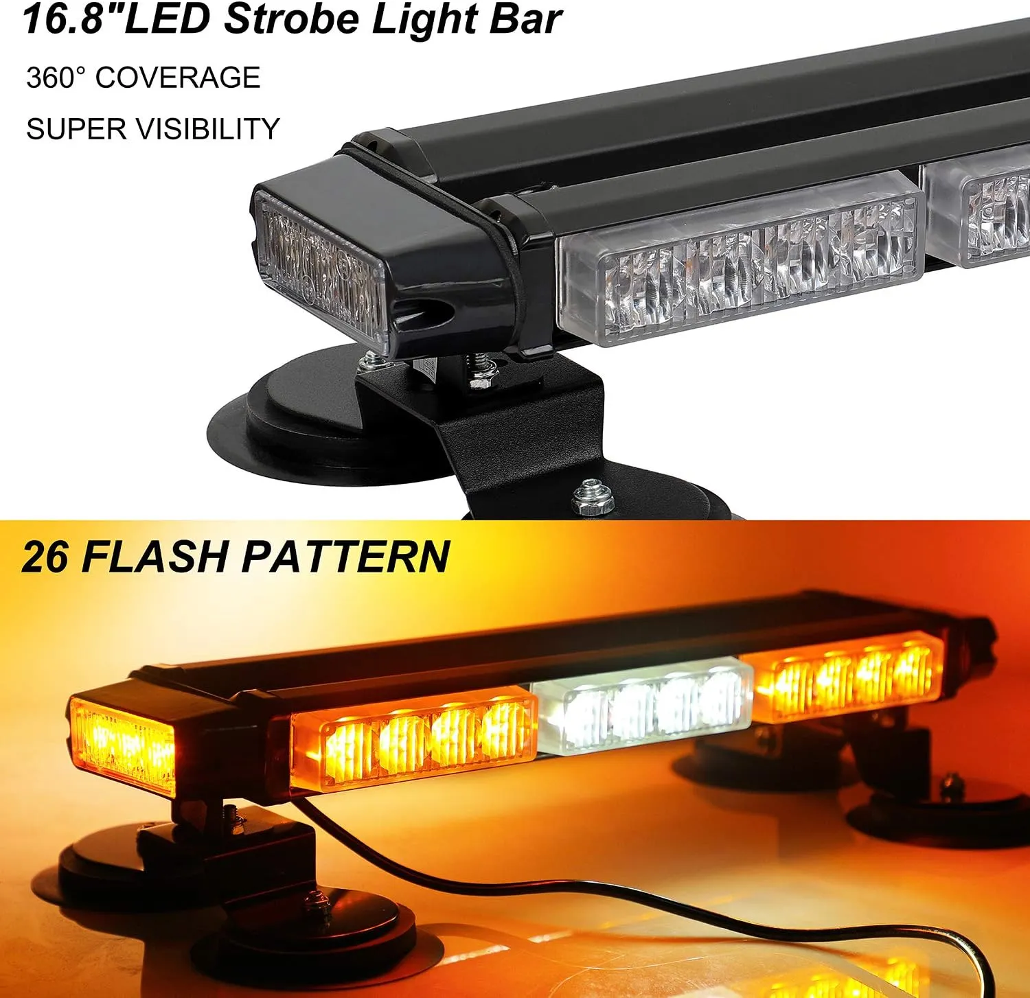 ASPL 16.8 Inch LED Strobe Flashing Light Bar, 26 Flashing Modes High Intensity Emergency Hazard Warning Beacon Lights with Magnetic Base for Car Trucks Trailer Roof Safety (Amber White Amber)