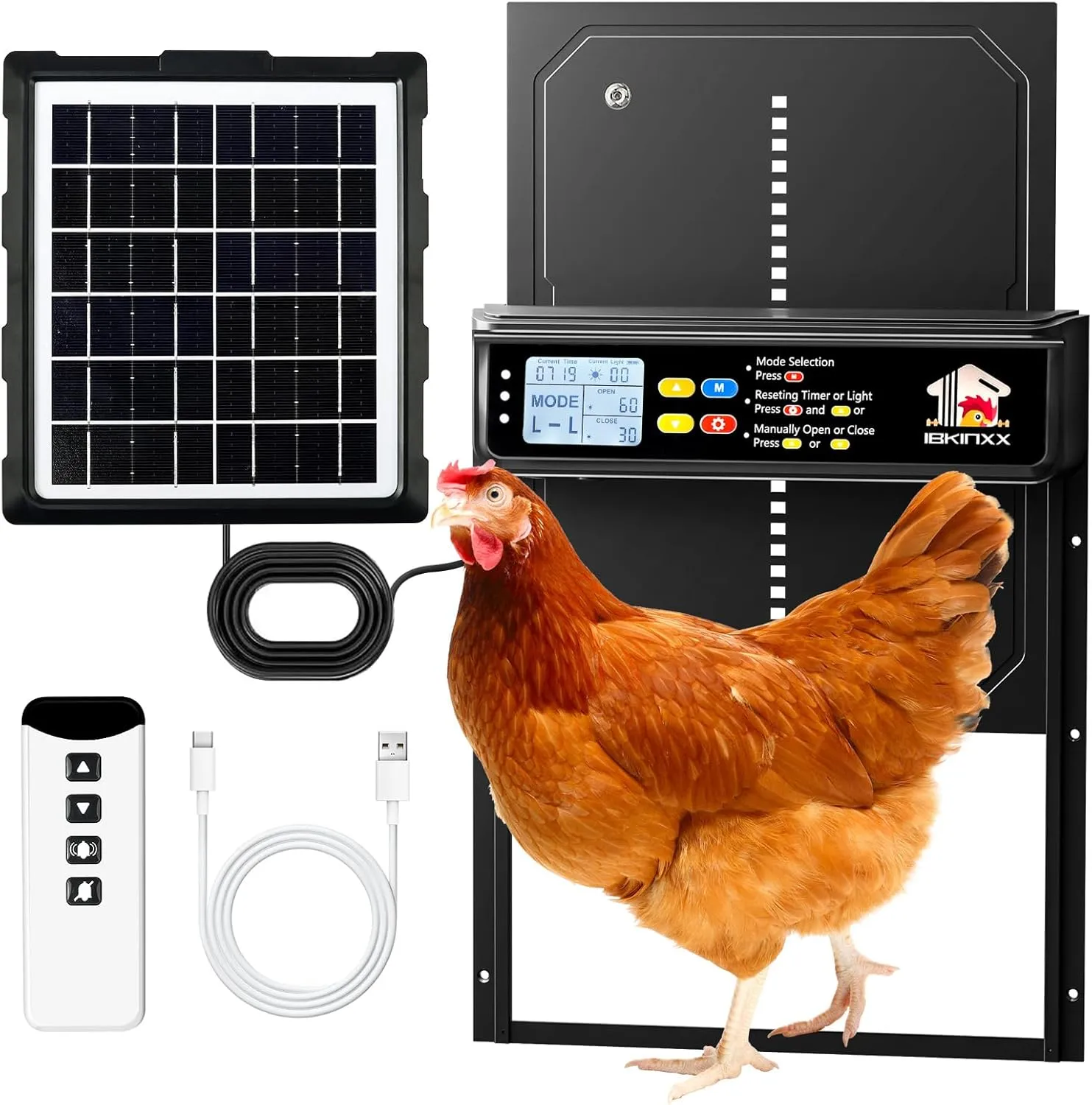 Automatic Chicken Coop Door Solar Powered with Timer, Light Sensor, Remote Control, LCD Display, Aluminum Alloy 4 Auto Modes Wide Chicken House Door, Anti-Pinch, Weatherproof, USB Backup, Black
