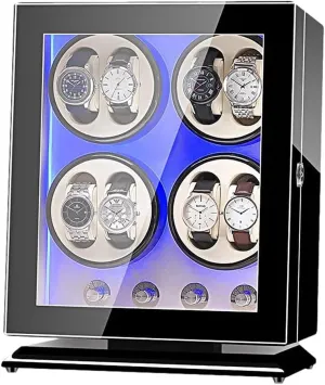 Automatic Watch Winder with 8 Storage Box and Quiet Motor with LED Light 5 Rotation Modes Powered AC Adapter