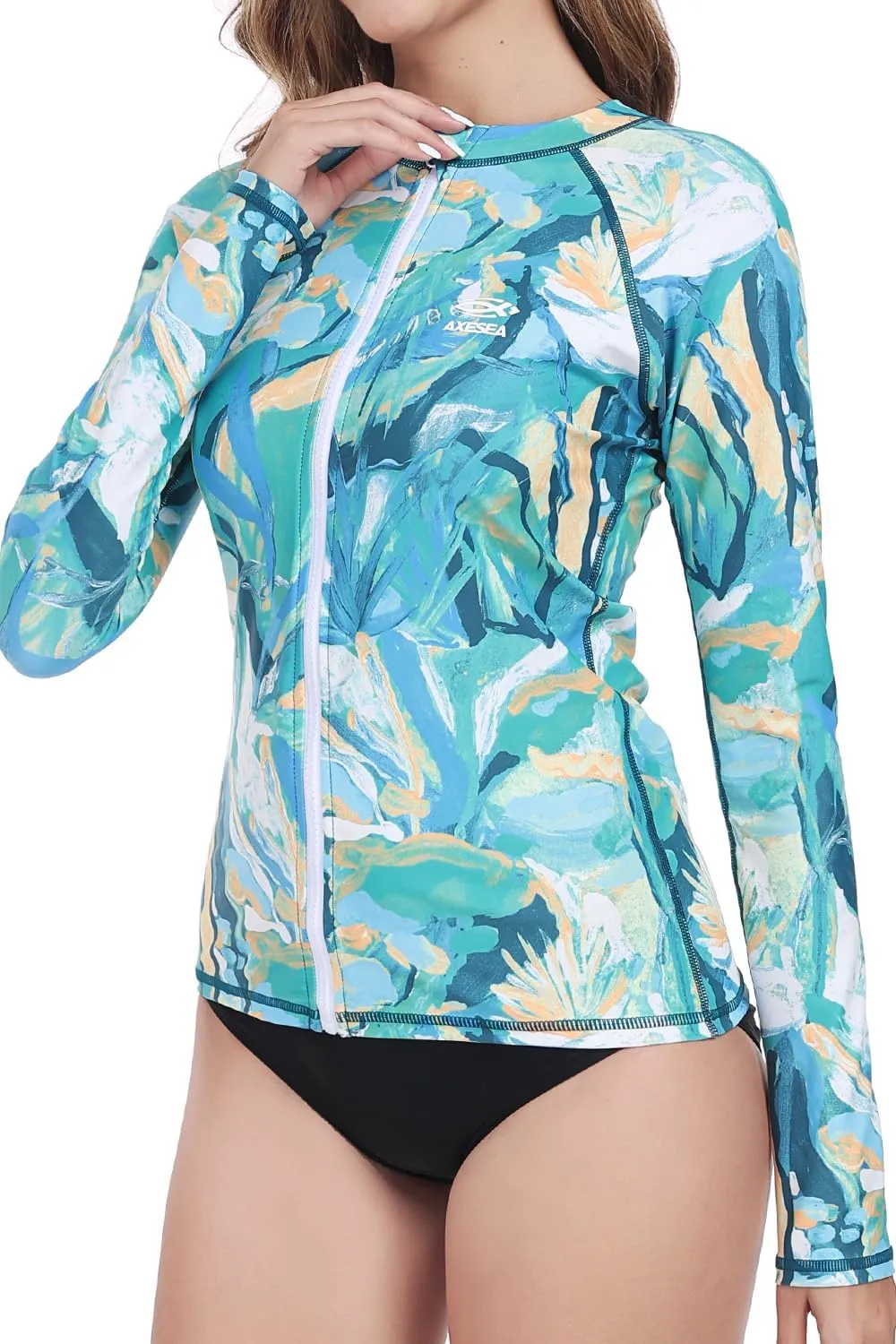 AXESEA Women Long Sleeve Rash Guard UPF 50  UV Sun Protection Zip Front Swimsuit Shirt Printed Surfing Shirt Top