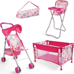 BABESIDE 4Pcs Baby Doll Stroller Set with Doll Pack n Play, Baby Doll High Chair, Reborn Doll Crib with Storage Bag, Reborn Baby Doll Accessories for 17-20 Inches Dolls Kids Gift