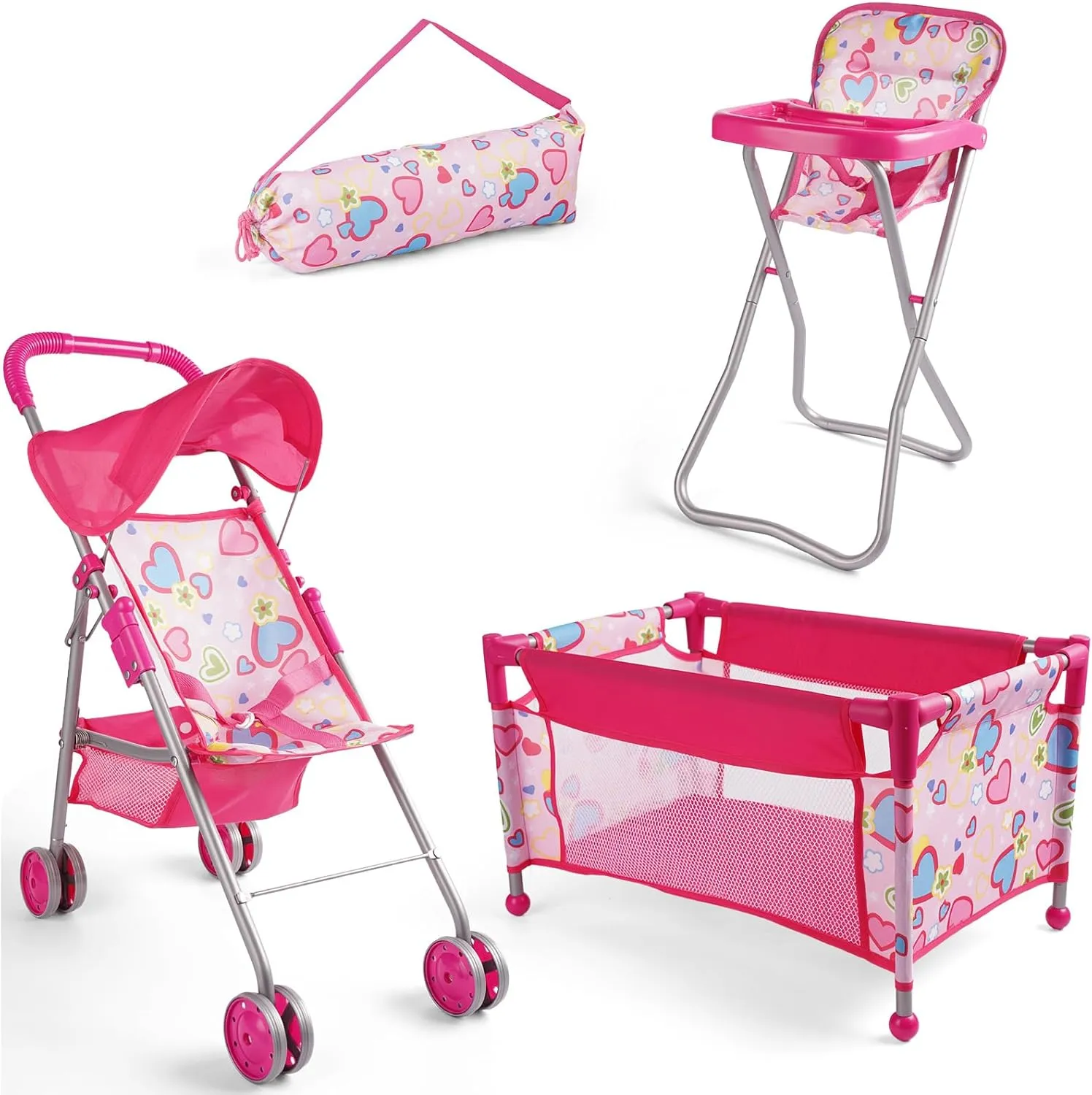 BABESIDE 4Pcs Baby Doll Stroller Set with Doll Pack n Play, Baby Doll High Chair, Reborn Doll Crib with Storage Bag, Reborn Baby Doll Accessories for 17-20 Inches Dolls Kids Gift