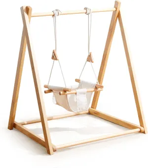 Baby and Toddler Foldable Wooden Swing Set with Stand, Foldable Indoor Baby Swing Set with Seat Belt, Extension Straps for Toddlers Aged 6-36 Months Perfect for Home,Child Daycare, Preschool