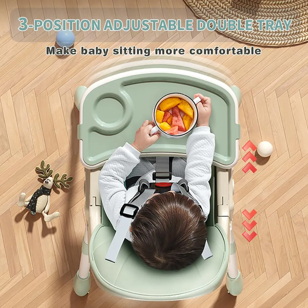 Baby High Chair, 5 in 1 High Chairs for Babies and Toddlers, Travel Foldable High Chair with Foot Rest, Detachable PU Cushion, Double Removable Tray, Adjustable Height & Recline, Locking Wheels