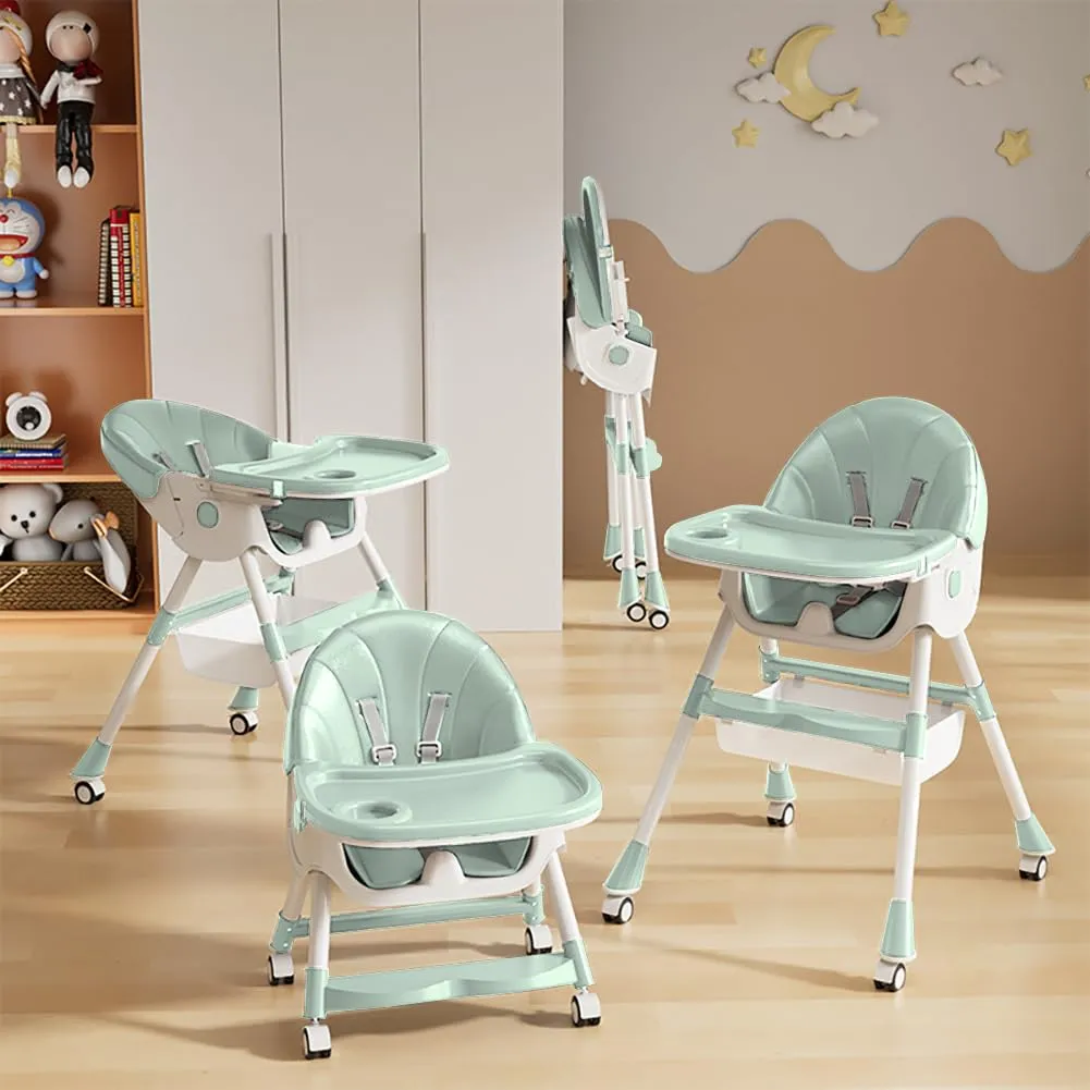 Baby High Chair, 5 in 1 High Chairs for Babies and Toddlers, Travel Foldable High Chair with Foot Rest, Detachable PU Cushion, Double Removable Tray, Adjustable Height & Recline, Locking Wheels