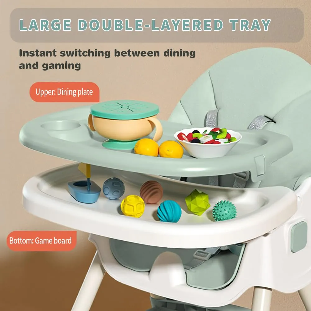 Baby High Chair, 5 in 1 High Chairs for Babies and Toddlers, Travel Foldable High Chair with Foot Rest, Detachable PU Cushion, Double Removable Tray, Adjustable Height & Recline, Locking Wheels