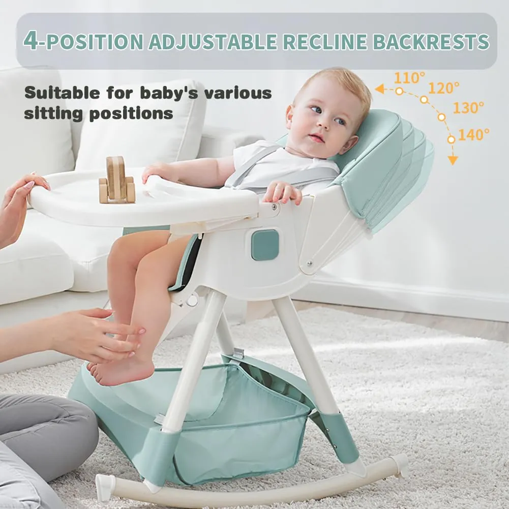 Baby High Chair, 5 in 1 High Chairs for Babies and Toddlers, Travel Foldable High Chair with Foot Rest, Detachable PU Cushion, Double Removable Tray, Adjustable Height & Recline, Locking Wheels