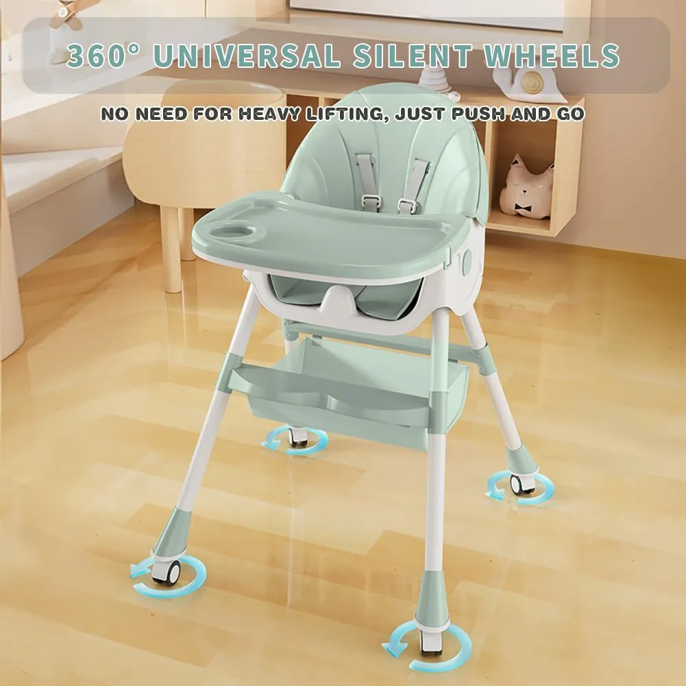 Baby High Chair, 5 in 1 High Chairs for Babies and Toddlers, Travel Foldable High Chair with Foot Rest, Detachable PU Cushion, Double Removable Tray, Adjustable Height & Recline, Locking Wheels