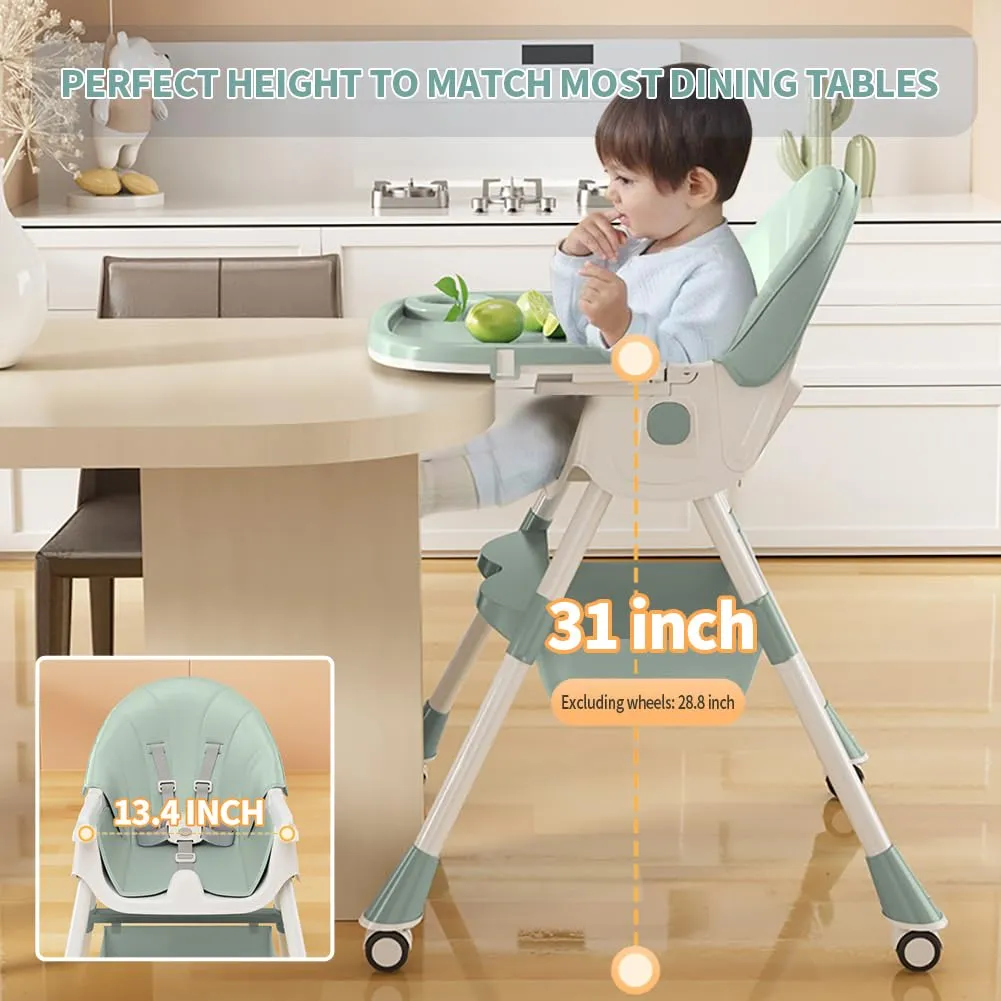 Baby High Chair, 5 in 1 High Chairs for Babies and Toddlers, Travel Foldable High Chair with Foot Rest, Detachable PU Cushion, Double Removable Tray, Adjustable Height & Recline, Locking Wheels