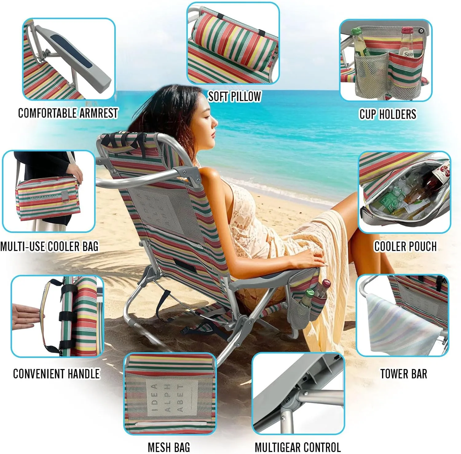Backpack Beach Chair Aluminum 2 Pack with Folding Camping Table 5-Position Lay Flat Lounge Chair Outdoor for Adults with Insulated Cooler Bag and Cup Holder