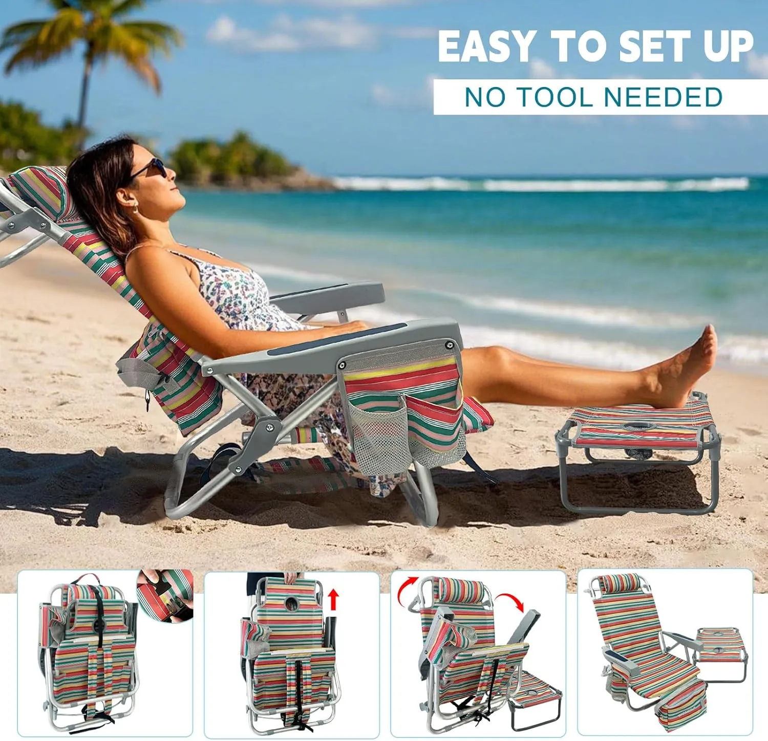 Backpack Beach Chair Aluminum 2 Pack with Folding Camping Table 5-Position Lay Flat Lounge Chair Outdoor for Adults with Insulated Cooler Bag and Cup Holder