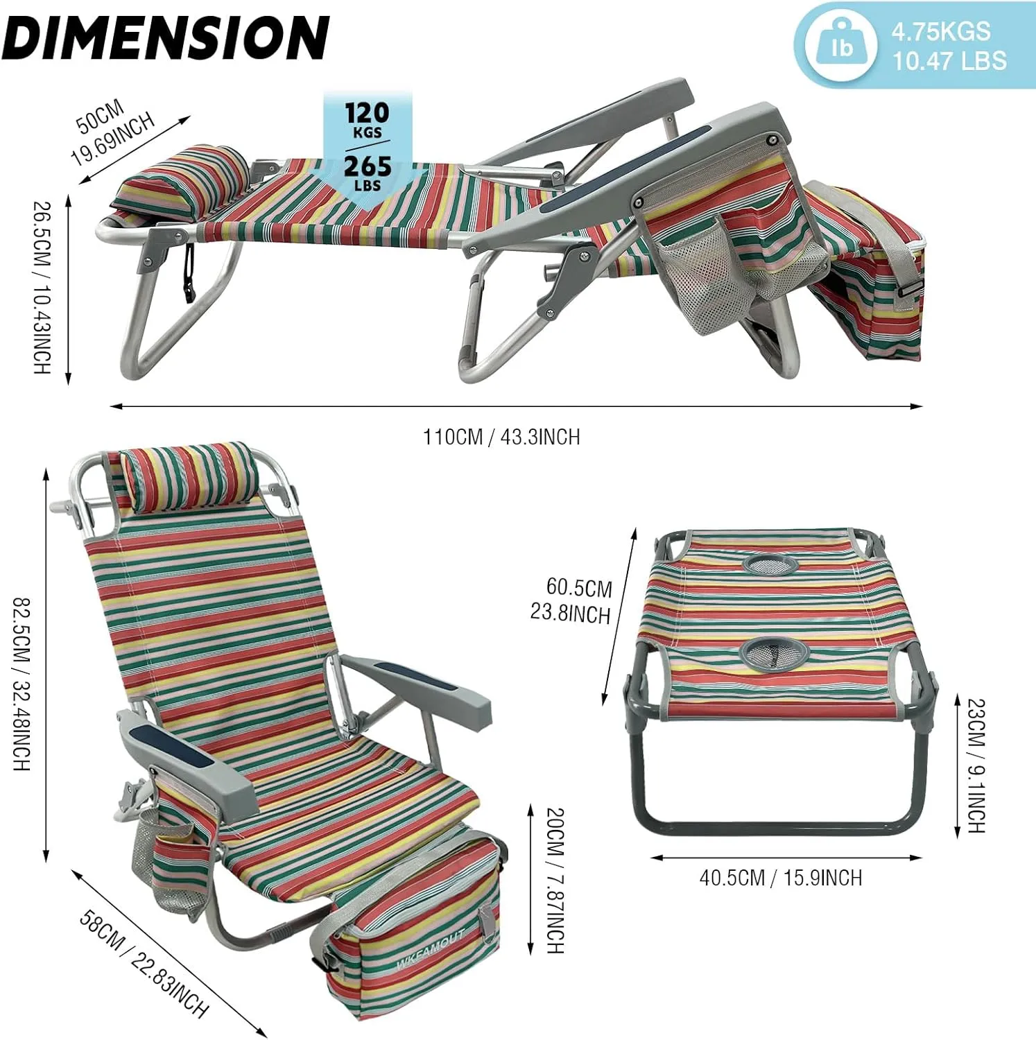 Backpack Beach Chair Aluminum 2 Pack with Folding Camping Table 5-Position Lay Flat Lounge Chair Outdoor for Adults with Insulated Cooler Bag and Cup Holder