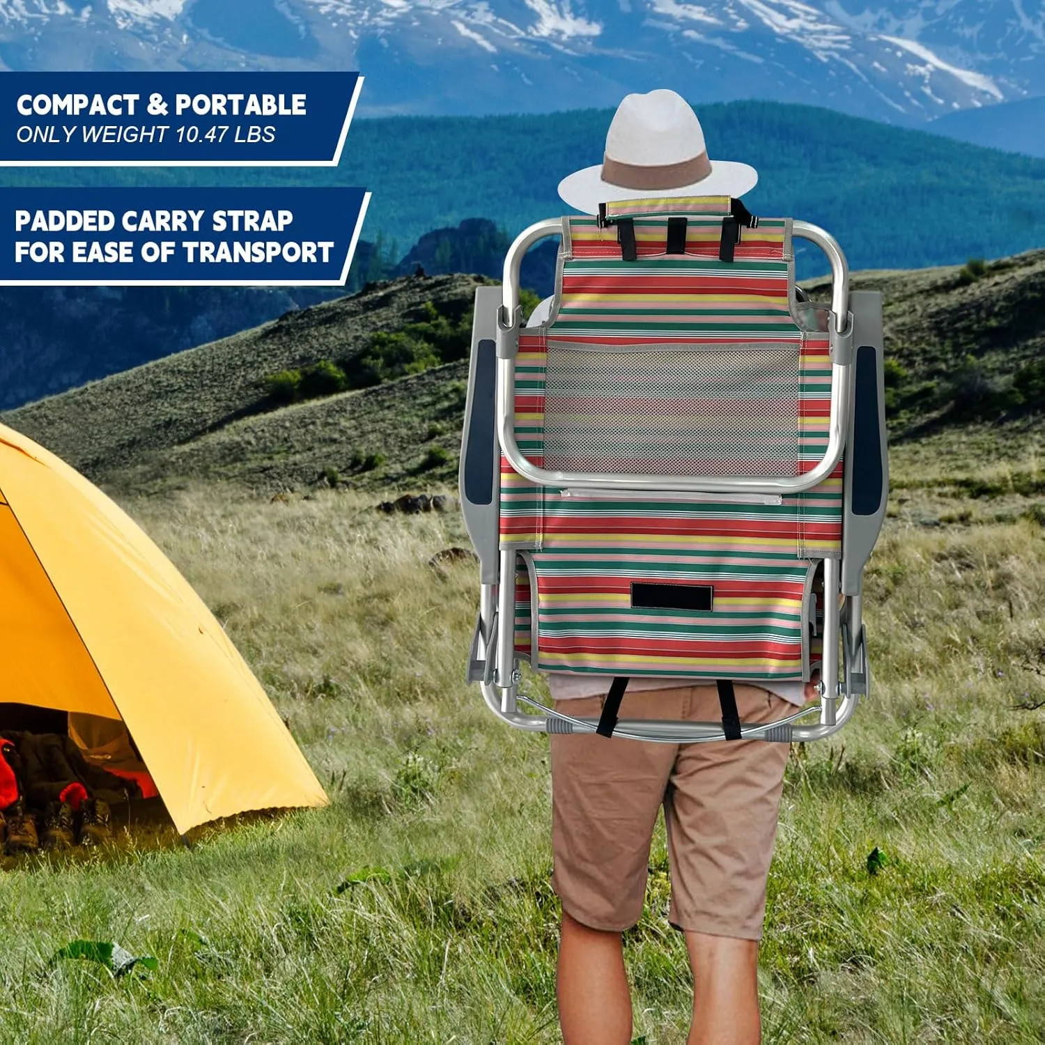Backpack Beach Chair Aluminum 2 Pack with Folding Camping Table 5-Position Lay Flat Lounge Chair Outdoor for Adults with Insulated Cooler Bag and Cup Holder