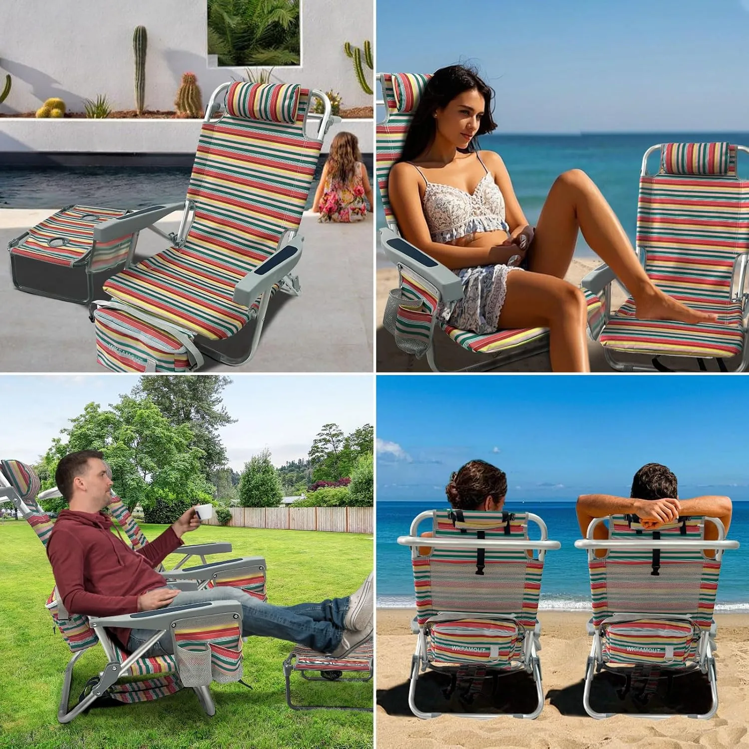 Backpack Beach Chair Aluminum 2 Pack with Folding Camping Table 5-Position Lay Flat Lounge Chair Outdoor for Adults with Insulated Cooler Bag and Cup Holder