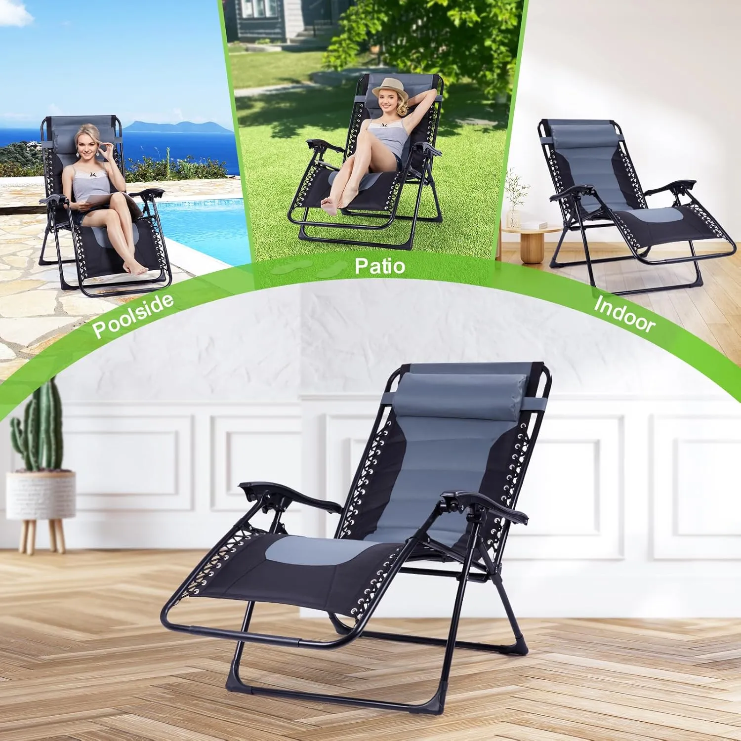Backyard Expressions Deluxe XL Padded Recliner Chair – Ergonomic Anti-Gravity Lounger with Folding Design, Side Tray, and Adjustable Headrest