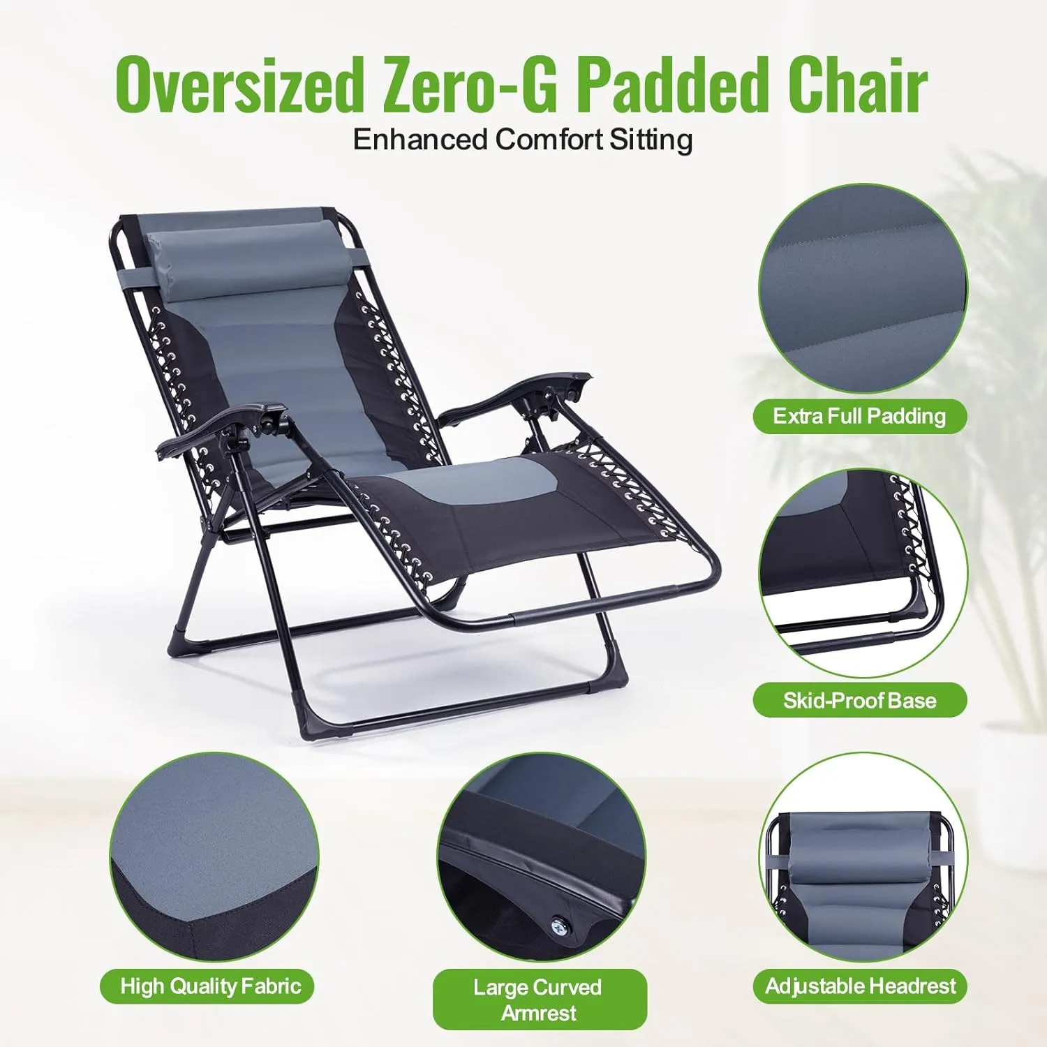 Backyard Expressions Deluxe XL Padded Recliner Chair – Ergonomic Anti-Gravity Lounger with Folding Design, Side Tray, and Adjustable Headrest