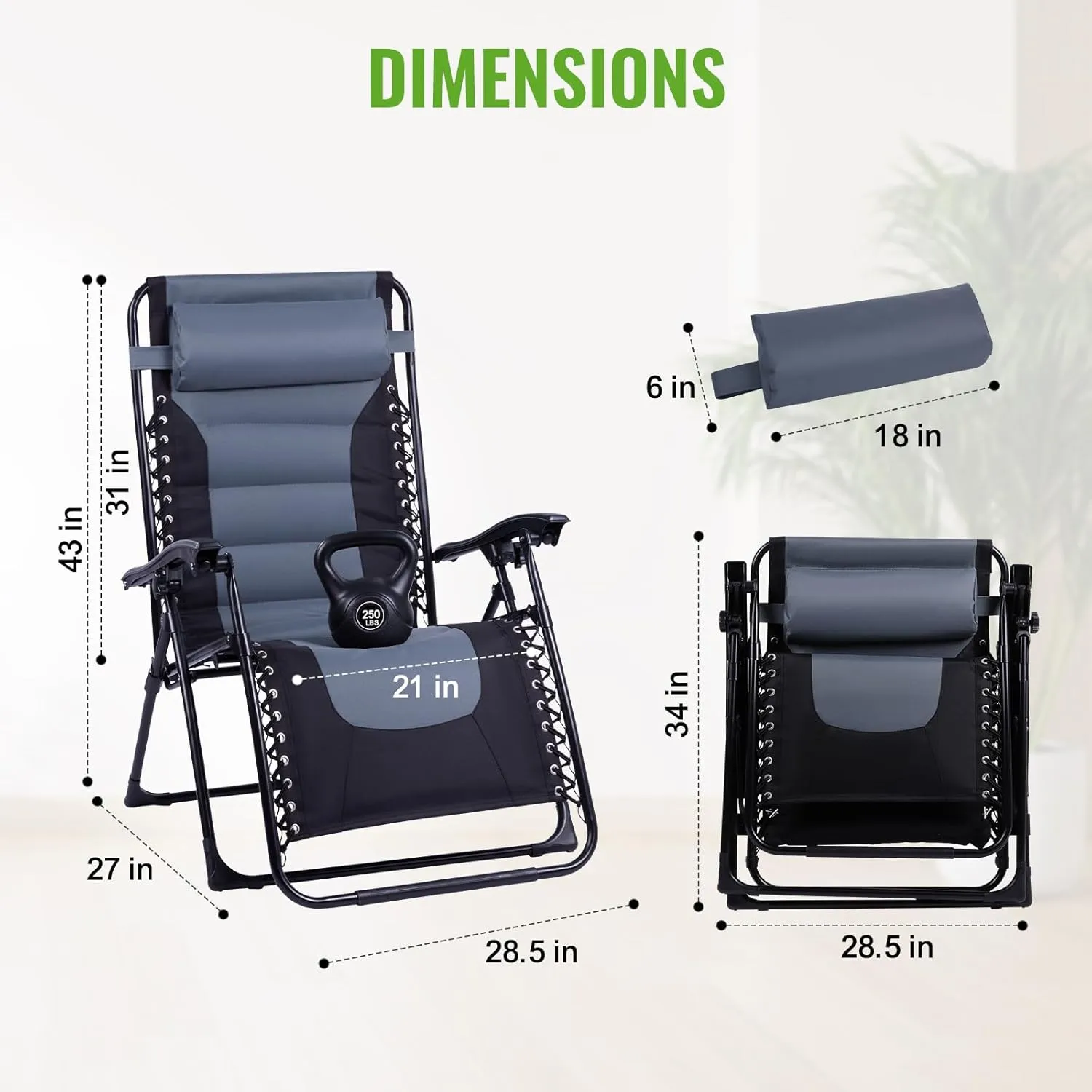 Backyard Expressions Deluxe XL Padded Recliner Chair – Ergonomic Anti-Gravity Lounger with Folding Design, Side Tray, and Adjustable Headrest