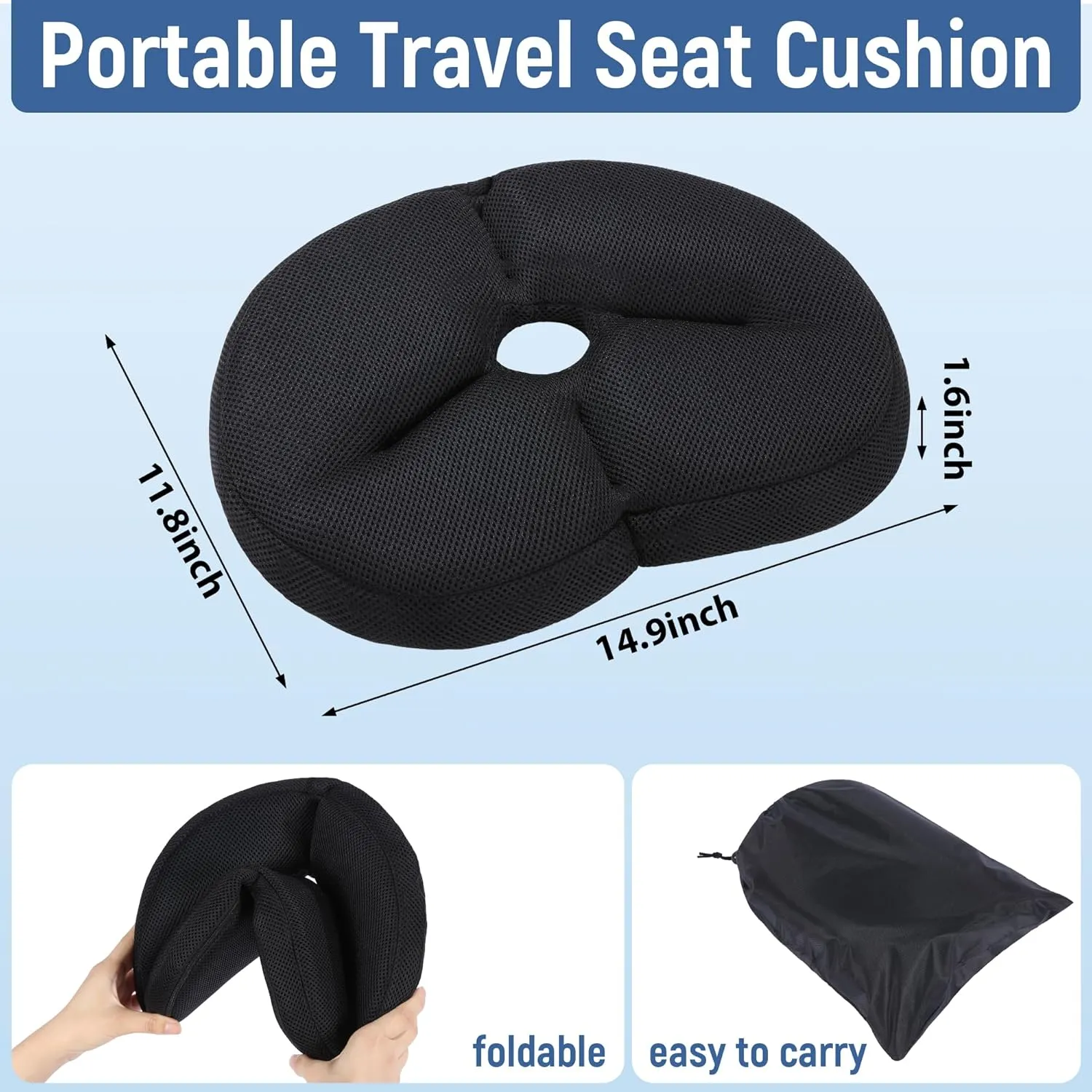 BALAPET Portable Foldable Travel Seat Cushion,Thick Airplane Seat Cushion for Long Flights,Travel Essentials Adjustable Pad for Flying, Airplane, Office, Home, Trains, Cars(14.9x11.8x1.6in)