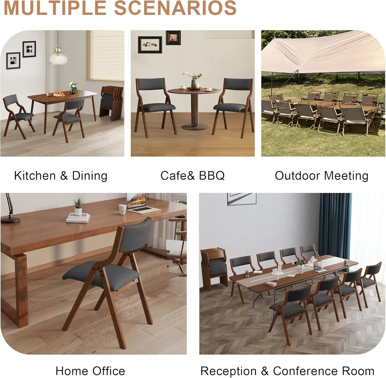 Ball & Cast Upholstered Folding Chairs Set of 2,with Ergonomically Designed Back and Solid Wood Frame,Portable Activity Meeting Chair, for Dining Room,Outdoor Events,No Assembly Required,Grey Walnut