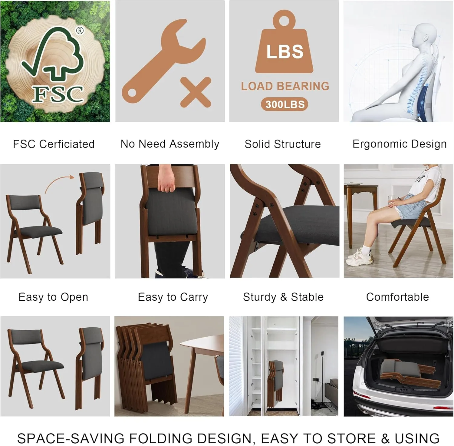Ball & Cast Upholstered Folding Chairs Set of 2,with Ergonomically Designed Back and Solid Wood Frame,Portable Activity Meeting Chair, for Dining Room,Outdoor Events,No Assembly Required,Grey Walnut