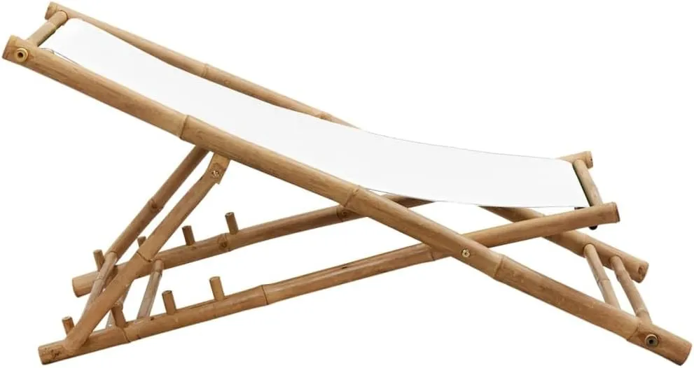 Bamboo Patio Deck Chair with Adjustable Canvas Seat - White Outdoor Folding Lounge Chair for Garden, Backyard, and Poolside Relaxation