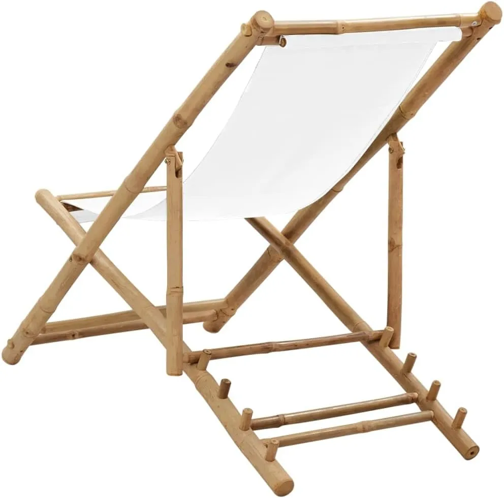 Bamboo Patio Deck Chair with Adjustable Canvas Seat - White Outdoor Folding Lounge Chair for Garden, Backyard, and Poolside Relaxation