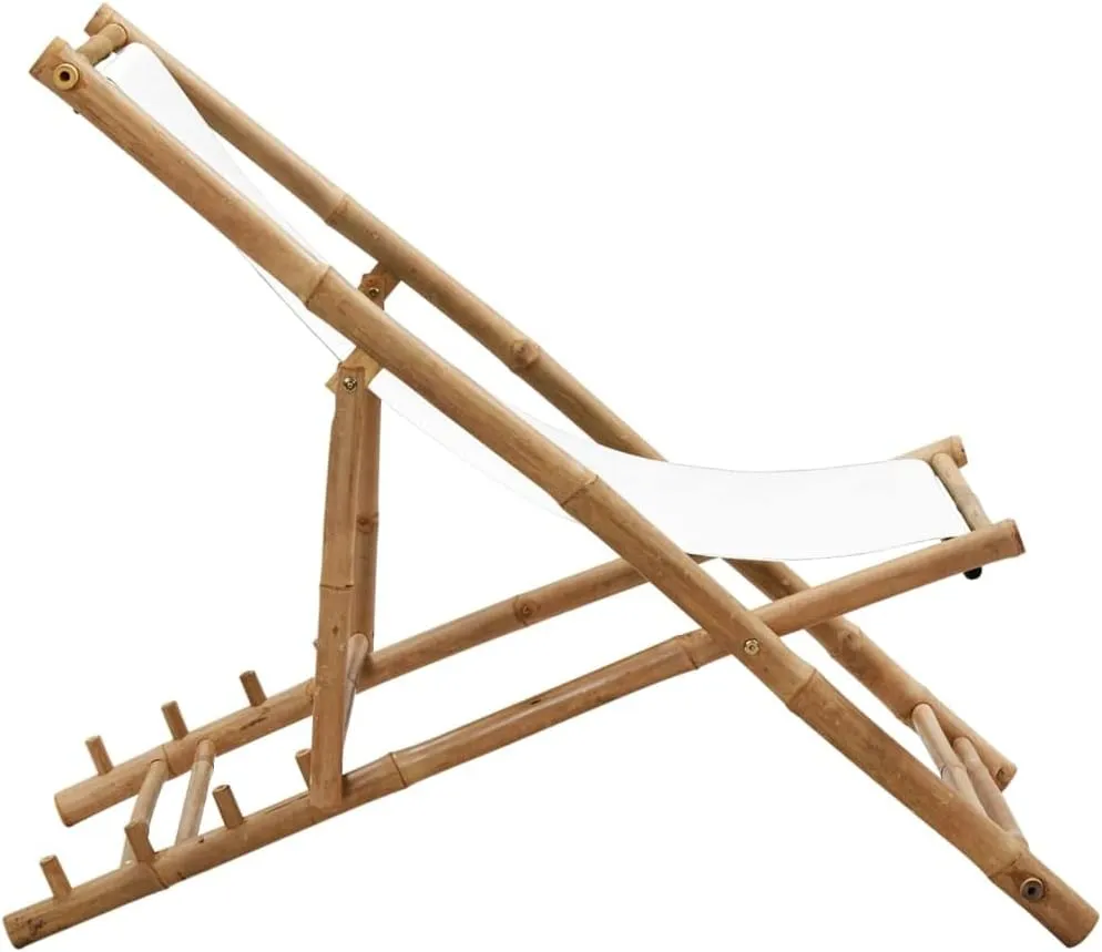 Bamboo Patio Deck Chair with Adjustable Canvas Seat - White Outdoor Folding Lounge Chair for Garden, Backyard, and Poolside Relaxation