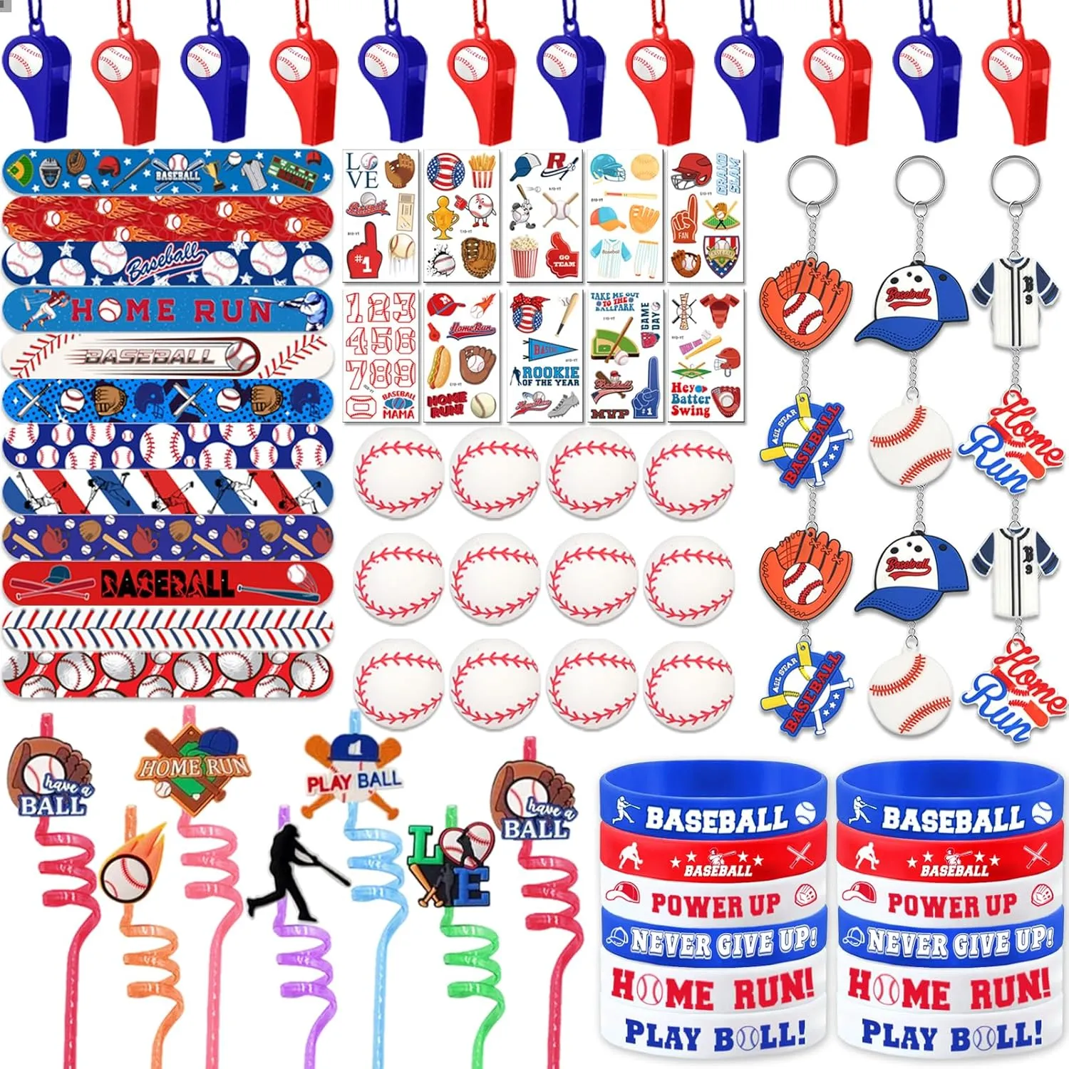 Baseball Party Favors Gift Set BasebalL Goodie Bags Favors, Baseballs Gift Bags Mini Ball Silicone & Slap Bracelet Straw Tattoo Stickers Keychain for Kids Baseball's Party Decor