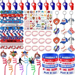 Baseball Party Favors Gift Set BasebalL Goodie Bags Favors, Baseballs Gift Bags Mini Ball Silicone & Slap Bracelet Straw Tattoo Stickers Keychain for Kids Baseball's Party Decor