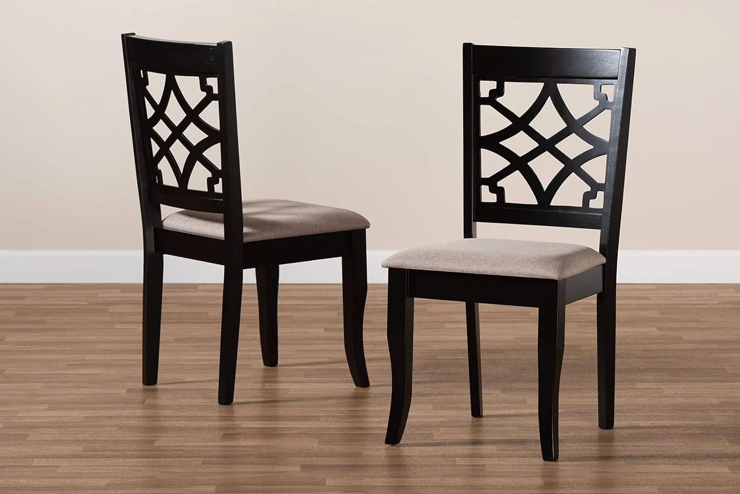 Baxton Studio Mael 2-Piece Modern Dining Chair Set, Sand/Espresso Brown, Oak Wood & Fabric, Upholstered, Open Back, Espresso Brown Finish, Saber Legs, Requires Assembly