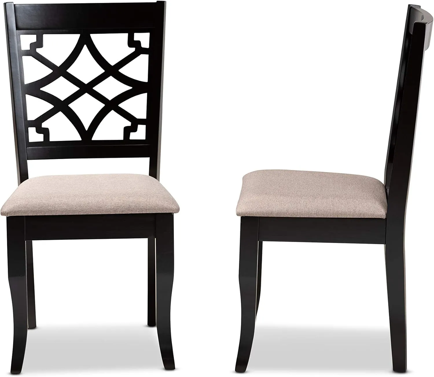 Baxton Studio Mael 2-Piece Modern Dining Chair Set, Sand/Espresso Brown, Oak Wood & Fabric, Upholstered, Open Back, Espresso Brown Finish, Saber Legs, Requires Assembly
