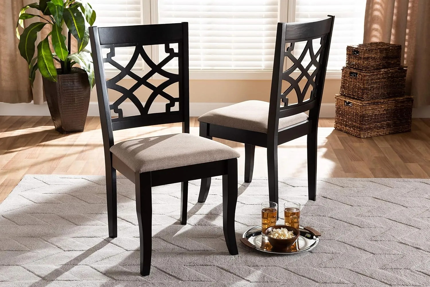 Baxton Studio Mael 2-Piece Modern Dining Chair Set, Sand/Espresso Brown, Oak Wood & Fabric, Upholstered, Open Back, Espresso Brown Finish, Saber Legs, Requires Assembly