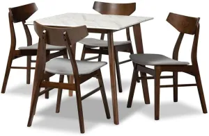 Baxton Studio Pearson Mid-Century Modern Transitional Light Grey Fabric Upholstered and Walnut Brown Finished Wood 5-Piece Dining Set with Faux Marble Table