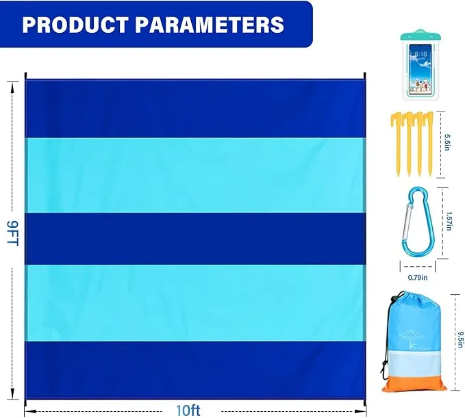 Beach Blanket Oversized Extra Large 10'X 9',Waterproof Sandproof Beach Blanket 2-8 Adults Lightweight Durable for Travel Camping Hiking Picnic (10'X 9', Blue2)