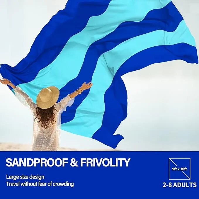Beach Blanket Oversized Extra Large 10'X 9',Waterproof Sandproof Beach Blanket 2-8 Adults Lightweight Durable for Travel Camping Hiking Picnic (10'X 9', Blue2)