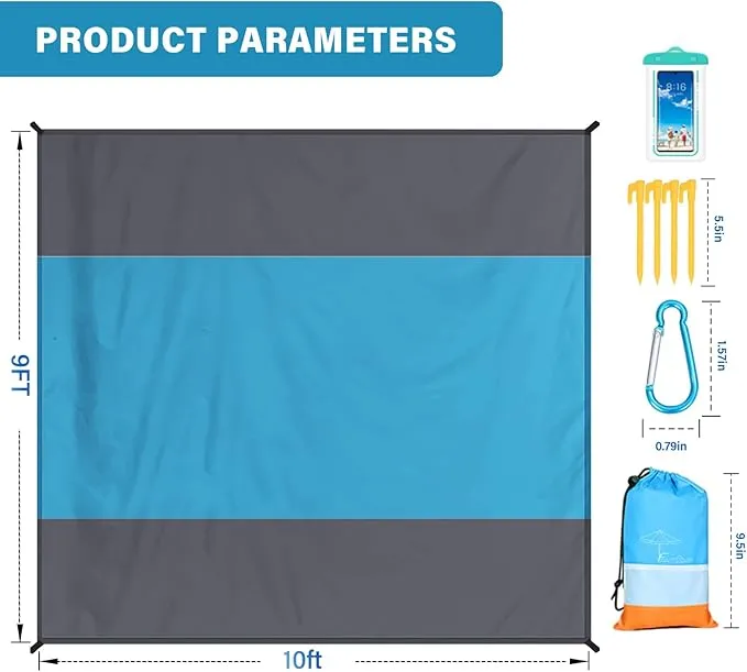 Beach Blanket Oversized Extra Large 10'X 9',Waterproof Sandproof Beach Blanket 2-8 Adults Lightweight Durable for Travel Camping Hiking Picnic (10'X 9', Blue&Grey)