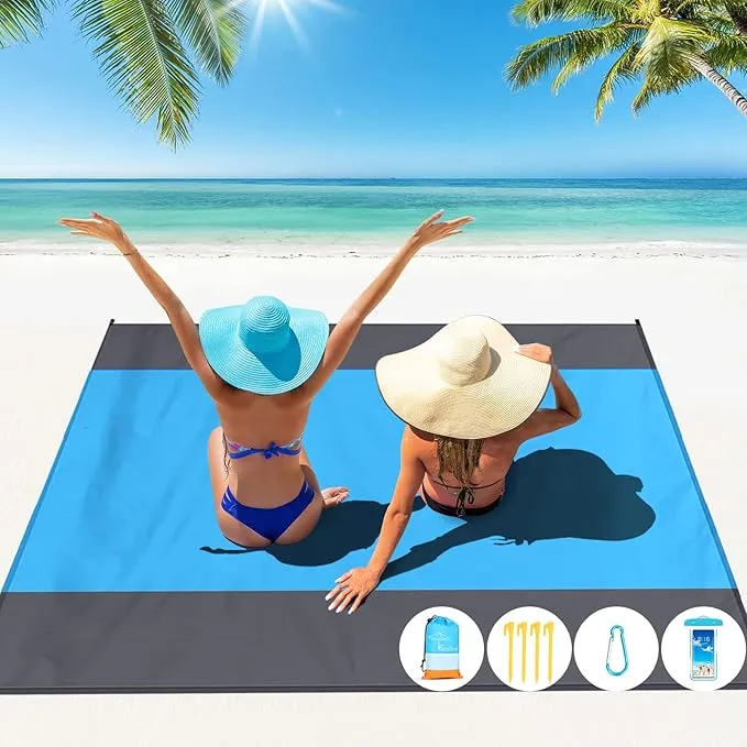 Beach Blanket Oversized Extra Large 10'X 9',Waterproof Sandproof Beach Blanket 2-8 Adults Lightweight Durable for Travel Camping Hiking Picnic (10'X 9', Blue&Grey)