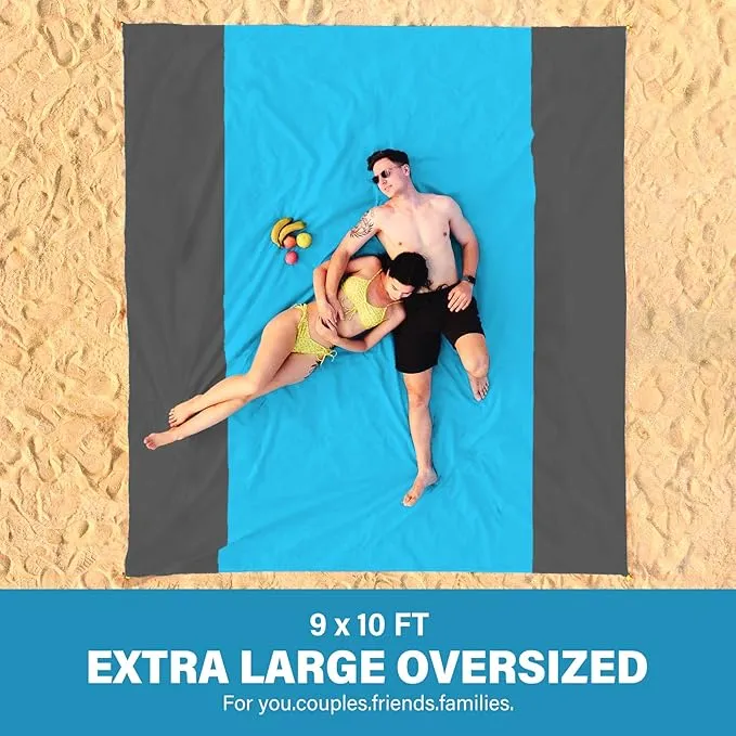 Beach Blanket Oversized Extra Large 10'X 9',Waterproof Sandproof Beach Blanket 2-8 Adults Lightweight Durable for Travel Camping Hiking Picnic (10'X 9', Blue&Grey)