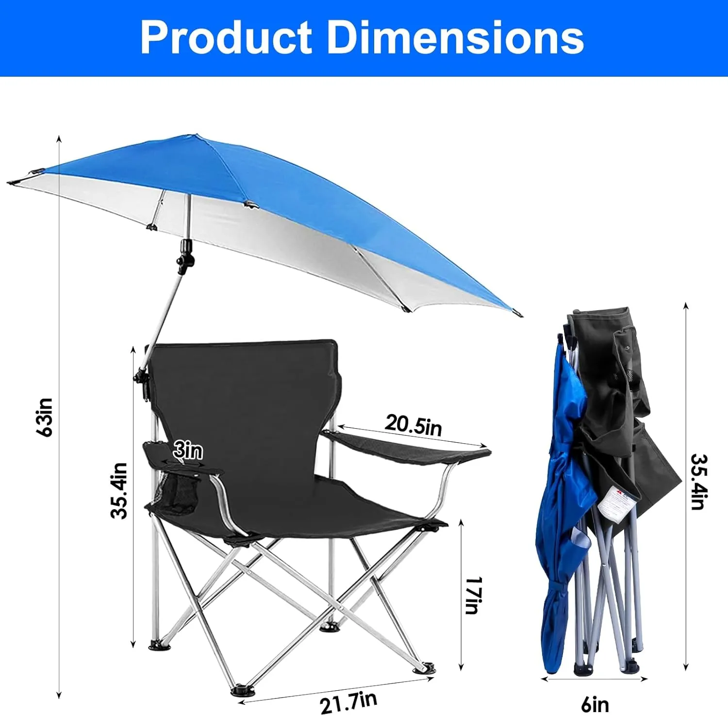 Beach Chair with Umbrella, Folding Beach Chairs for Adults with Canopy Shade, UPF 50  Adjustable Heavy Duty Camping Lawn Chair with Cup Holder Carry Bag for Outdoor Picnic Fishing BBQ (Black)