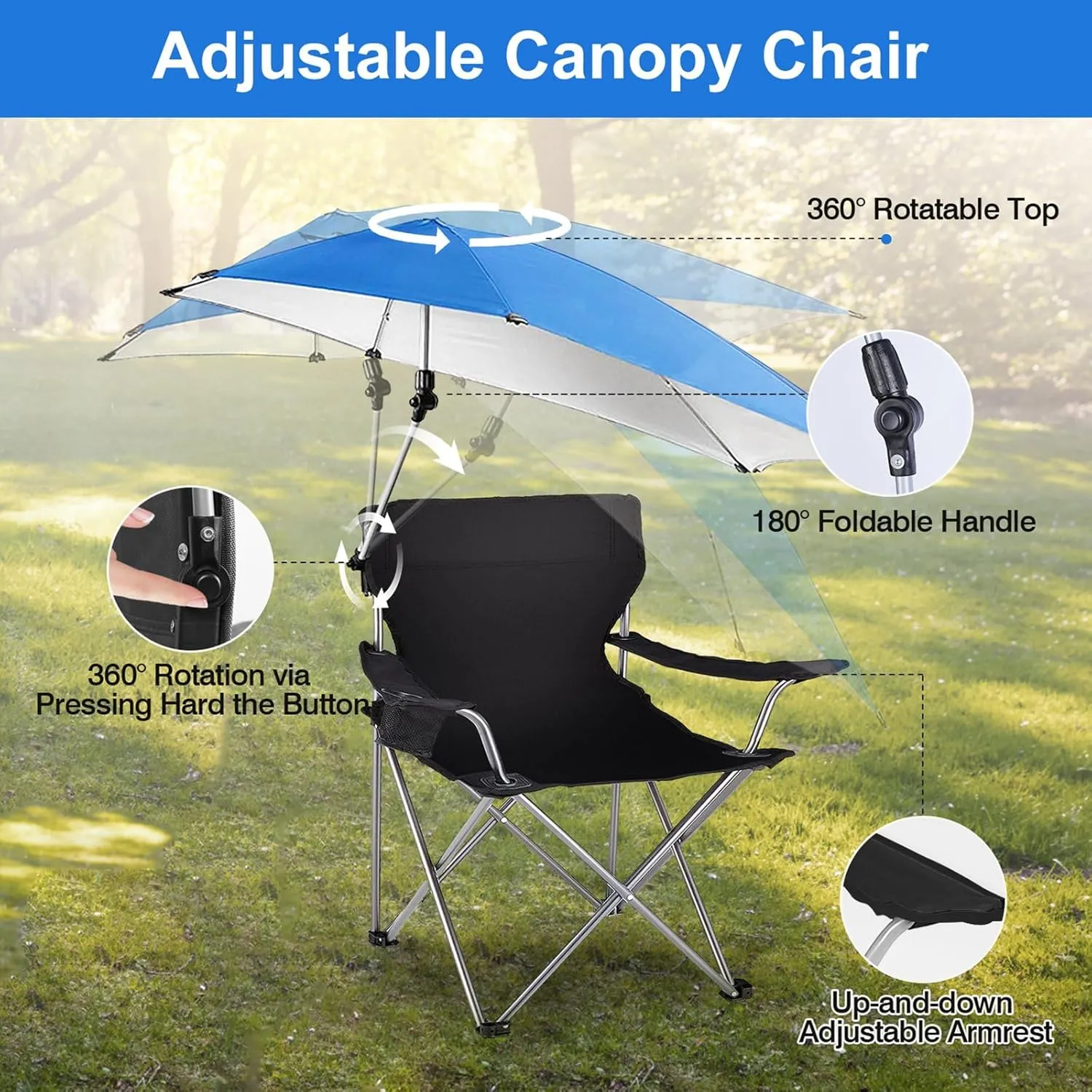 Beach Chair with Umbrella, Folding Beach Chairs for Adults with Canopy Shade, UPF 50  Adjustable Heavy Duty Camping Lawn Chair with Cup Holder Carry Bag for Outdoor Picnic Fishing BBQ (Black)