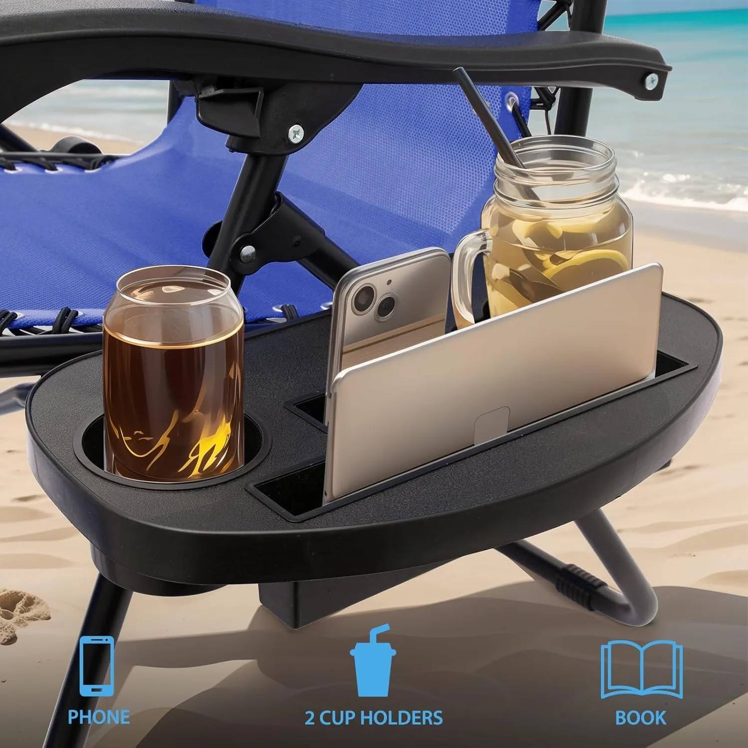 Beach Chairs Portable Zero Gravity Chair - Outdoor Foldable Recliner, Detachable Tray & Ergonomic Headrest, CAAP-BCC-C1P-BL