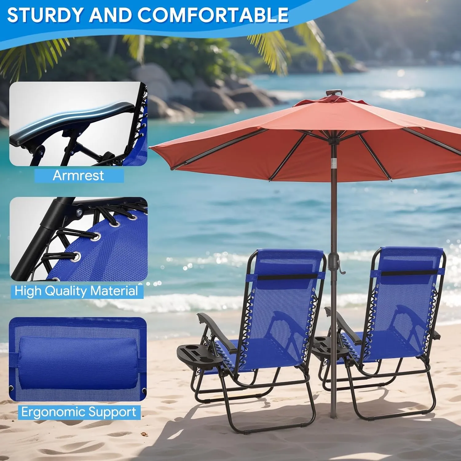 Beach Chairs Portable Zero Gravity Chair - Outdoor Foldable Recliner, Detachable Tray & Ergonomic Headrest, CAAP-BCC-C1P-BL