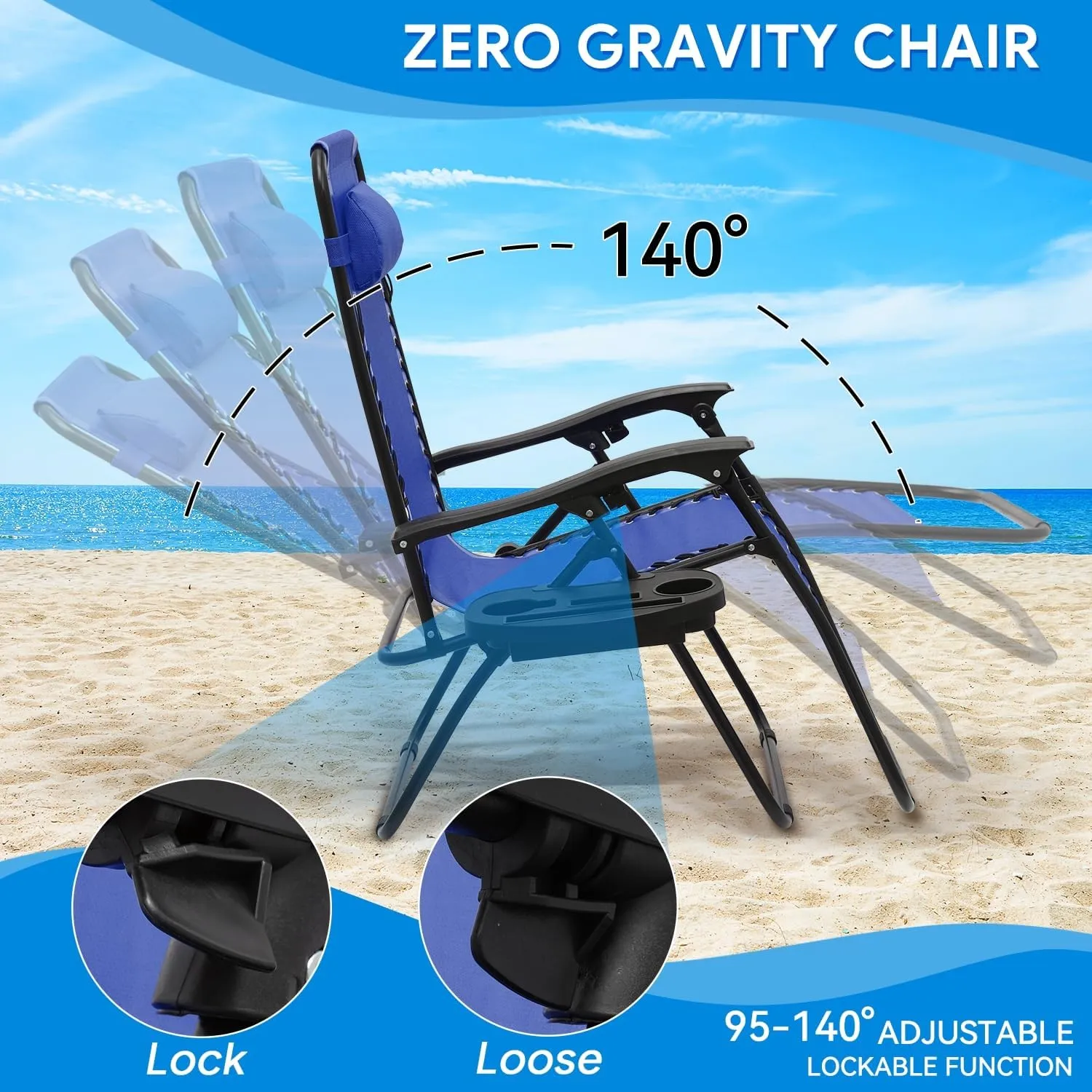 Beach Chairs Portable Zero Gravity Chair - Outdoor Foldable Recliner, Detachable Tray & Ergonomic Headrest, CAAP-BCC-C1P-BL