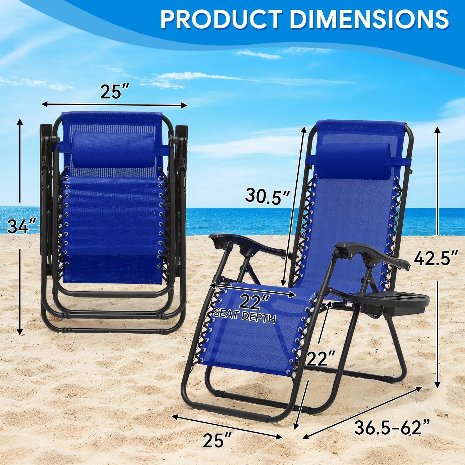 Beach Chairs Portable Zero Gravity Chair - Outdoor Foldable Recliner, Detachable Tray & Ergonomic Headrest, CAAP-BCC-C1P-BL