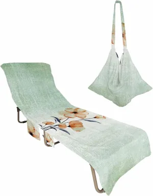 Beach Pool Patio Lounge Chaise Chair Cover Towel with Pockets,Abstract Orange Flower Absorbent & Quick Dry Microfiber Towel Cover Bag Summer Travel Accessories Ombre Green Vintage Watercolor